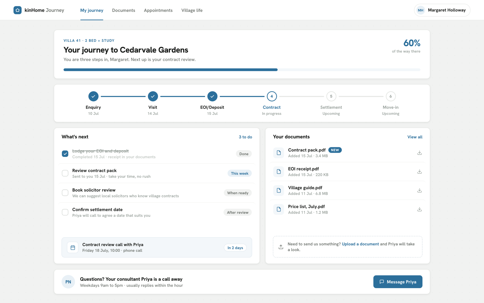 kinHome Journey portal with fictional data