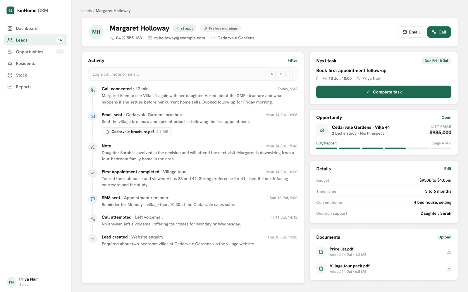 kinHome CRM lead detail with fictional data