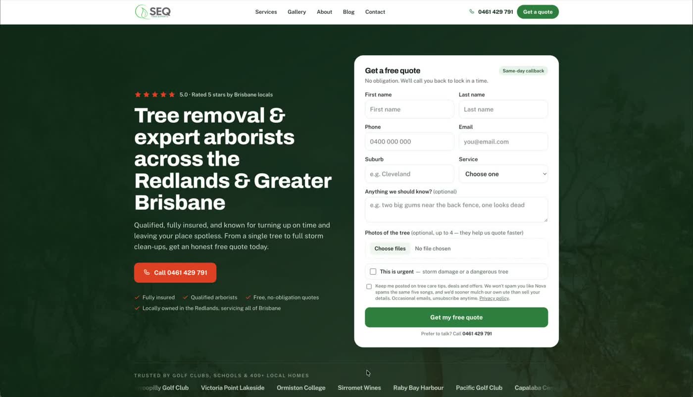 SEQ Tree Experts website and field system